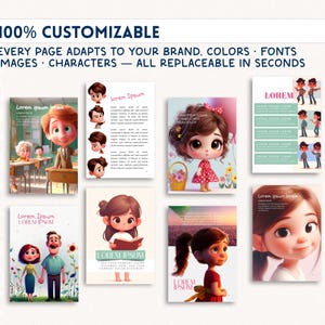 May include: A collection of illustrated templates with the text "100% CUSTOMIZABLE" and "EVERY PAGE ADAPTS TO YOUR BRAND. COLORS &bull; FONTS &bull; IMAGES &bull; CHARACTERS &mdash; ALL REPLACEABLE IN SECONDS." The templates feature cartoon characters and sample text, showcasing design flexibility.