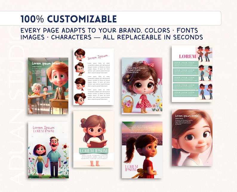 May include: A collection of illustrated templates with the text "100% CUSTOMIZABLE" and "EVERY PAGE ADAPTS TO YOUR BRAND. COLORS &bull; FONTS &bull; IMAGES &bull; CHARACTERS &mdash; ALL REPLACEABLE IN SECONDS." The templates feature cartoon characters and sample text, showcasing design flexibility.