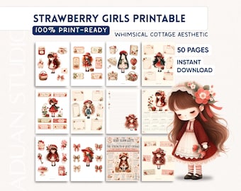 Strawberry Girl Printable Bundle | 50-Page Whimsical Scrapbook Printables, Stickers, Journal Pages, Calendars & Background Papers