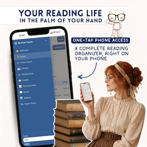 Op de afbeelding: Een smartphone met een digitale boeken-tracker-app met een blauwe interface, met menu-opties zoals dashboard, bibliotheek en leesdoelen. De tekst bevat "YOUR READING LIFE IN THE PALM OF YOUR HAND" en "ONE-TAP PHONE ACCESS".