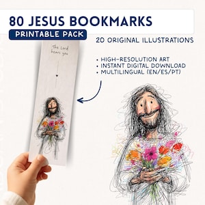 Pode incluir: Impressão de arte digital com 80 marcadores de Jesus. A imagem mostra um desenho de Jesus segurando flores, com o texto "The Lord hears you" em um marcador. O produto inclui 20 ilustrações originais e está disponível para download instantâneo.