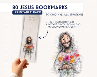 80 Hand-Drawn Jesus Bookmarks Printable | Multilingual Christian Bookmark Set | Bible Verse Scripture Cards | Faith Gift Digital Download