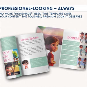 May include: Open brochure with cartoon illustrations and the text "lorem Ipsum". The brochure has a light green and pink color scheme. The text at the top says "PROFESSIONAL-LOOKING - ALWAYS".