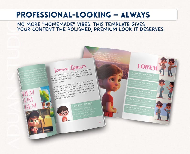 May include: Open brochure with cartoon illustrations and the text "lorem Ipsum". The brochure has a light green and pink color scheme. The text at the top says "PROFESSIONAL-LOOKING - ALWAYS".