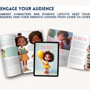 May include: An open book and a tablet display colorful illustrations of children. The text "ENGAGE YOUR AUDIENCE" and "VIBRANT CHARACTERS AND DYNAMIC LAYOUTS KEEP YOUNG READERS (AND THEIR PARENTS) HOOKED FROM COVER TO COVER" are visible.