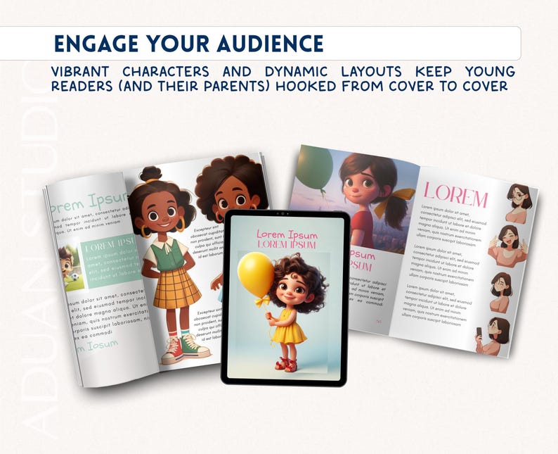 May include: An open book and a tablet display colorful illustrations of children. The text "ENGAGE YOUR AUDIENCE" and "VIBRANT CHARACTERS AND DYNAMIC LAYOUTS KEEP YOUNG READERS (AND THEIR PARENTS) HOOKED FROM COVER TO COVER" are visible.