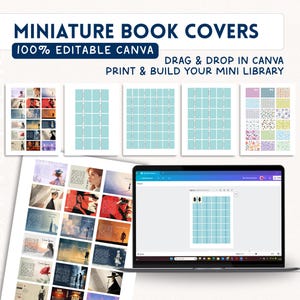 Puede incluir: Un diseño digital con portadas de libros en miniatura. El diseño incluye un ordenador portátil que muestra un diseño de cuadrícula, hojas impresas con imágenes de portadas de libros y texto que dice "MINIATURE BOOK COVERS" y "100% EDITABLE CANVA".