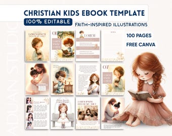 Christian Kids Ebook Template Canva | 100-Page Book Template | Watercolor Illustrations | Faith Devotional for Kids | Instant Download