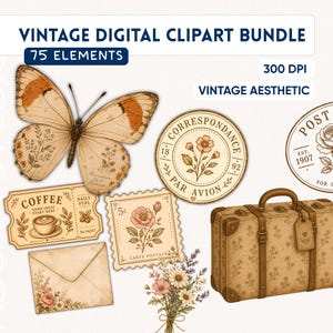 Pode incluir: Um pacote de clipart digital com 75 elementos de estética vintage, incluindo uma borboleta, uma mala, selos, um bilhete de café, um envelope e ilustrações florais. O texto diz VINTAGE DIGITAL CLIPART BUNDLE, 75 ELEMENTS, 300 DPI, VINTAGE AESTHETIC, CORRESPONDANCE PAR AVION, POST CARD, COFFEE e CARTE POSTALE.