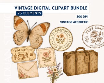 Vintage Digital Clipart Bundle | 75 PNG Elements for Junk Journal, Scrapbooking & Planner Stickers | 300DPI | Commercial Use