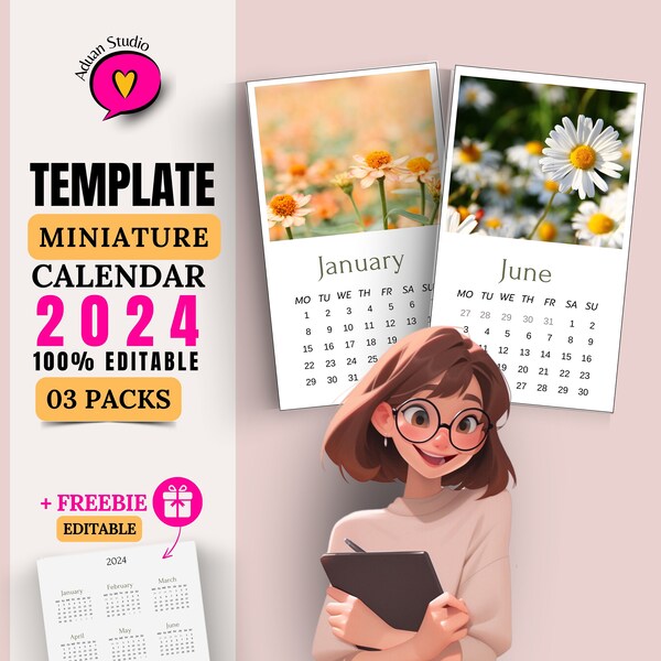 Miniature Calendar 2024 Template, Pack: Miniatures & A4 Size for Infinite Creative Projects, Fully Editable, Delicate Imagery