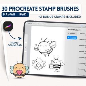 Puede incluir: Suministros de arte digital para iPad. La imagen muestra una tableta que muestra pinceles de sellos Procreate con un tema de abeja kawaii. El texto dice "30 Procreate Stamp Brushes" y "Descarga instantánea". También se ven un lápiz óptico y una abeja de dibujos animados.