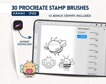 Kawaii Bee Procreate Stamp Brushes | 30 Cute Bee Stamps iPad | Digital Planner Sticker Design Instant Download