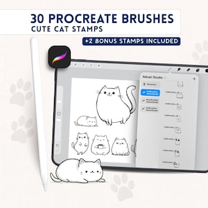 May include: A digital tablet displaying a Procreate interface with a list of 30 cute cat stamp brushes and 2 bonus stamps. The screen shows various black and white line art cat illustrations. A white stylus is positioned next to the tablet.