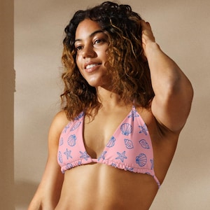 Pastel Seashell Padded String Bikini Top, Beach Vacation Outfit, Coastal Summer Resort Style, Unique Print Clothing
