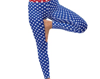 Stars & Stripes Yoga Leggings for Women, USA Flag Workout Leggings, Patriotic Activewear, High Waist Fitness Pants, 4th of July