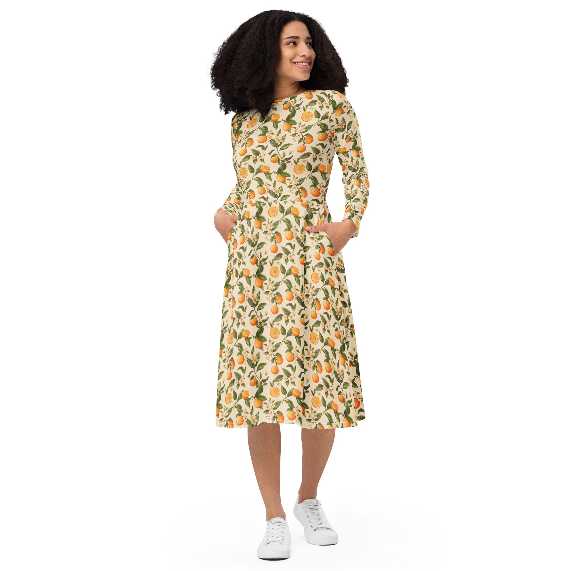 Orange Blossoms print long sleeve midi dress with pockets, Plus Size Dresses for Women, Long-sleeve Dress, Modest Dresses