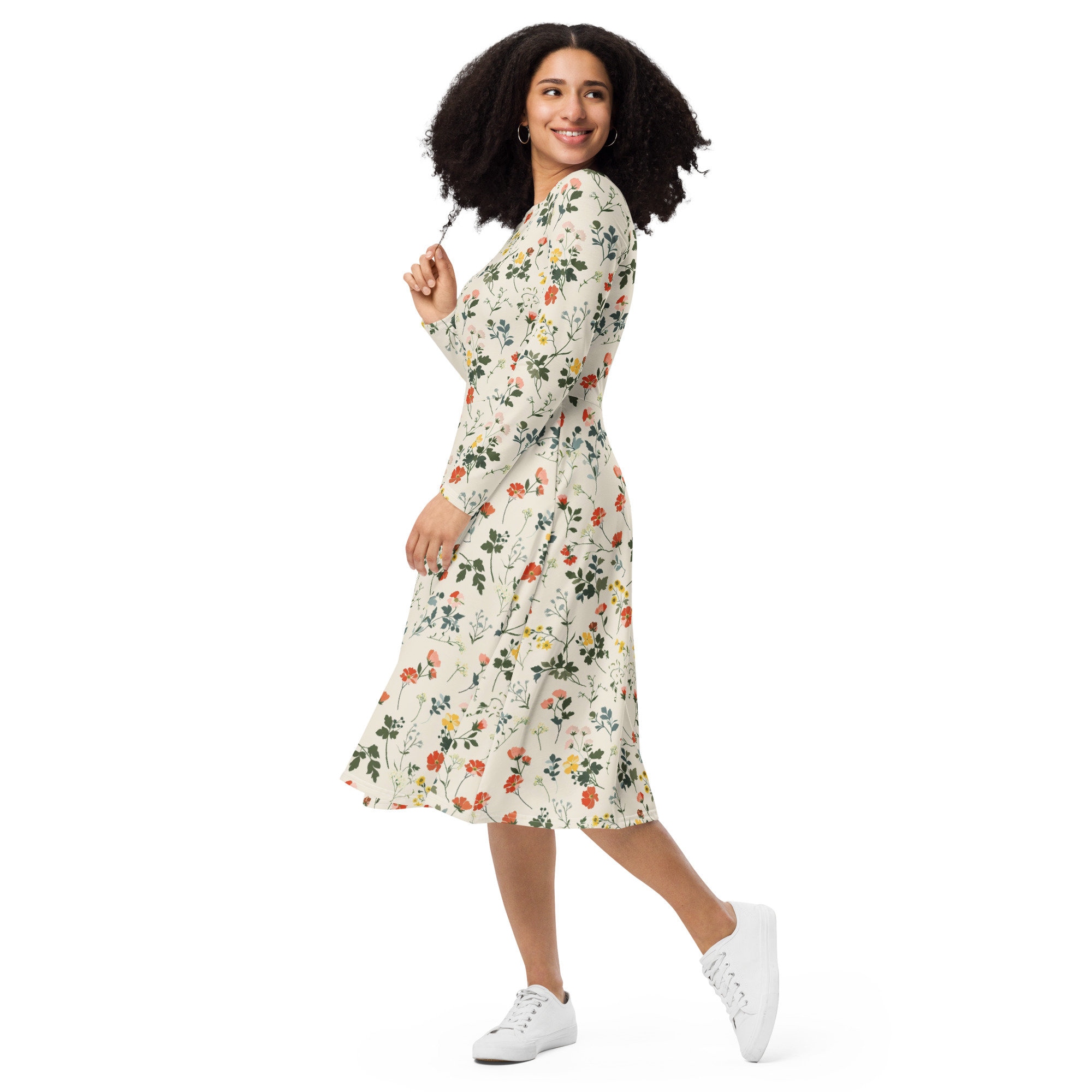 Wildflowers long sleeve midi Dress with pockets, Floral Print, Spring Dress, Easter Outfit, Large Sized Dresses, Modest Dress
