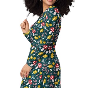 Wild Mushrooms long sleeve midi dress with pockets, Botanical Dress, Cottagecore Vibes, Fairycore Design, Gifts for her
