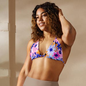 Floral string bikini top, Plus Size, Womens Swimsuit, Beach Bathing Suit Top, Triangle Tie Top, Womens Clothing