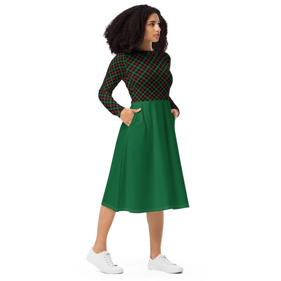 green emerald velvet dress Plus Size Green and Navy Plaid Long Sleeve Split Neck Mini Dress Green / 3X / 55%Cotton+45%Viscose main image 1