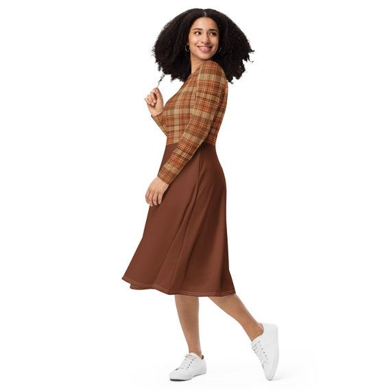 Fall Plaid Midi Dress with Pockets: Long Sleeve Women's Clothing
