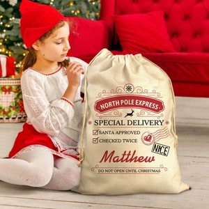 Personalisierter Weihnachtssack, spezielle Lieferung vom Weihnachtsmann, Weihnachtsgeschenktasche für Kinder, benutzerdefinierte Geschenktasche, Weihnachtssack