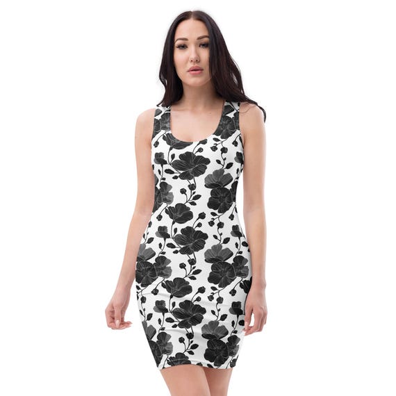 Black Floral Bodycon Dress, Fitted Mini Dress Women, Minimalist Aesthetic Dress, Date Night Outfit, Stretchy Club Dress
