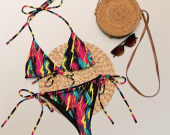 Bold Abstract String Bikini, Colorful Paisley Swirl Print, Festival Statement Outfit, Unique Print Clothing