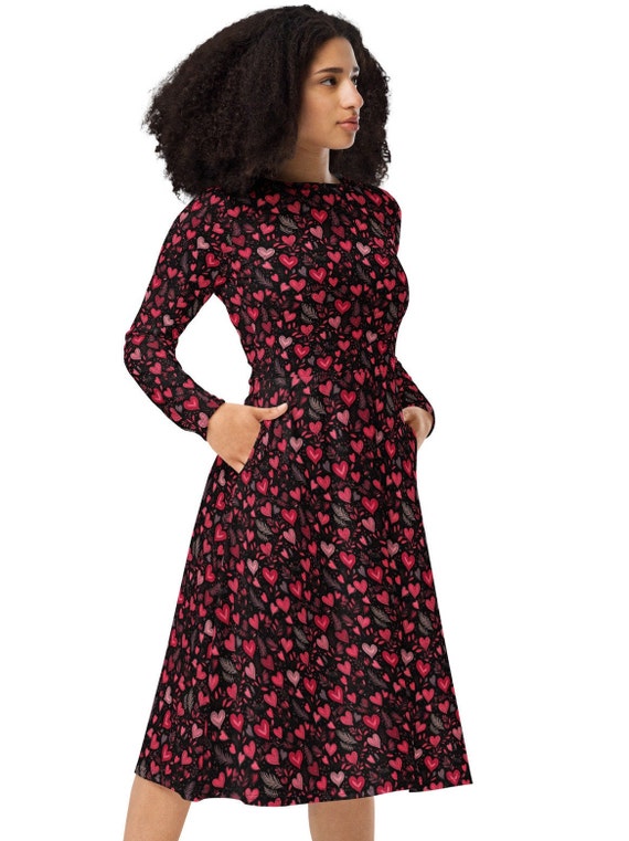 Wild Hearts All-over print long sleeve, dresses with pockets, hearts, valentines day, gifts for her, fun work dress