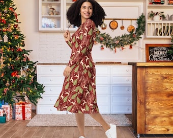 Prancing Reindeer Long Sleeve Dress with Pockets for Women, Christmas Dresses for Women, Holiday Season Outfit for Her, Modest Dress Prancing Reindeer Long Sleeve Dress with Pockets for Women, Christmas Dresses for Women, Holiday Season Outfit for Her, Modest Dress