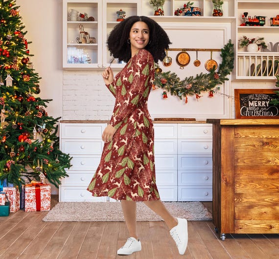 Abito a maniche lunghe con tasche Prancing Reindeer per donna