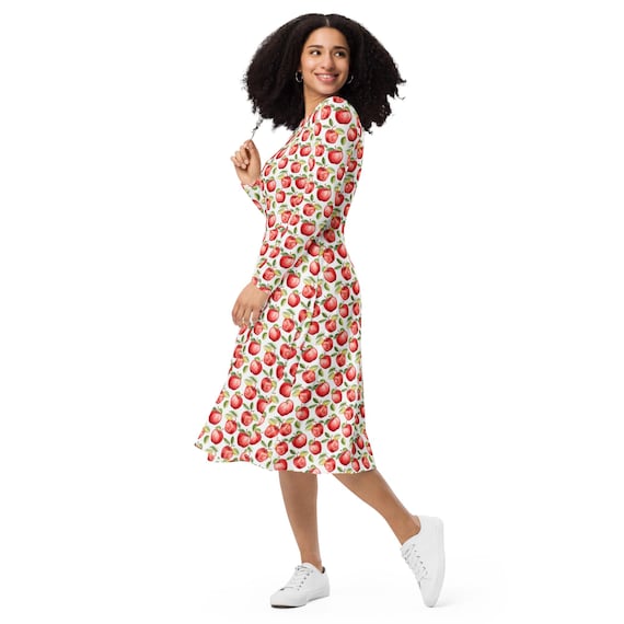 An Apple A Day Long Sleeve Midi Dress with Pockets for Women, Plus Size Dresses, Fall Style Women's Clothing for Her, Comfy Midi Dress