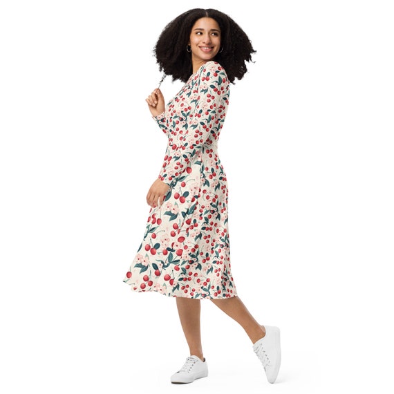 Cherry Blossom Long-sleeve Midi Dress With Pockets, Spring
