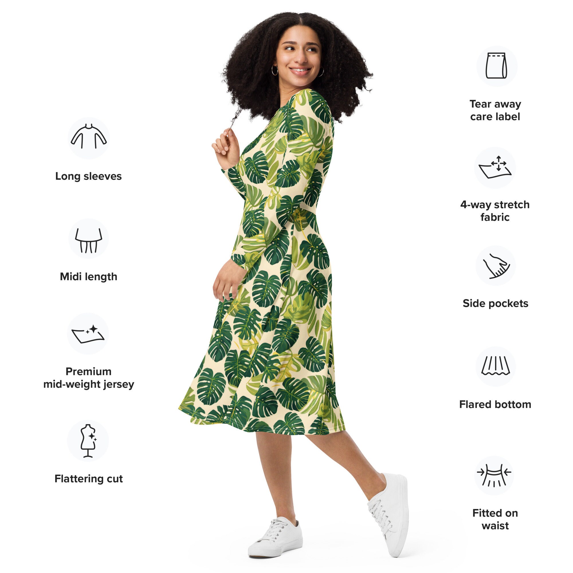 Monstera Leaf Midi Dress with Pockets: Long Sleeve Floral Plant Lover Dress