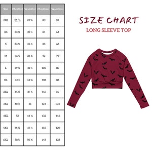 Pode incluir: Uma blusa de manga comprida bord&ocirc; com um padr&atilde;o de morcegos pretos. A tabela de tamanhos mostra medidas em polegadas e cent&iacute;metros para v&aacute;rios tamanhos, de 2XS a 6XL. O texto "SIZE CHART LONG SLEEVE TOP" &eacute; exibido.