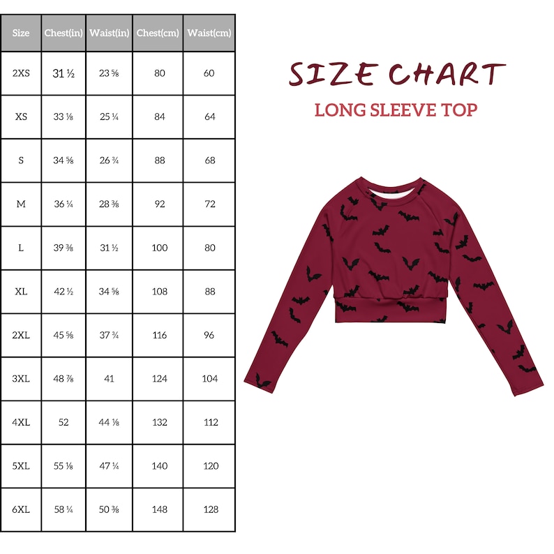 Pode incluir: Uma blusa de manga comprida bord&ocirc; com um padr&atilde;o de morcegos pretos. A tabela de tamanhos mostra medidas em polegadas e cent&iacute;metros para v&aacute;rios tamanhos, de 2XS a 6XL. O texto "SIZE CHART LONG SLEEVE TOP" &eacute; exibido.