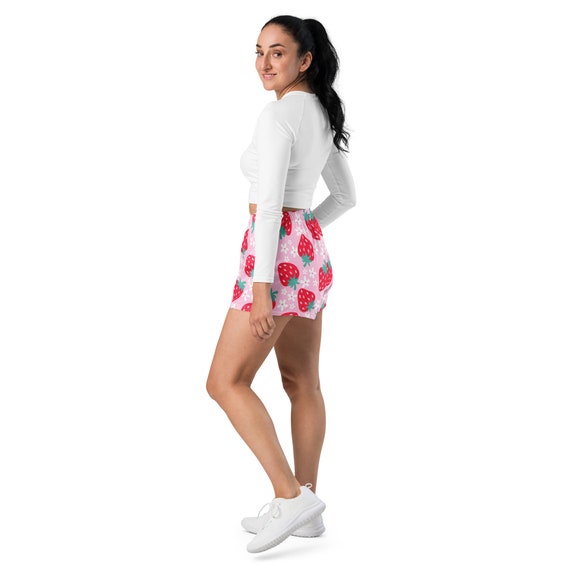 Pink Strawberry Athletic Shorts for Women, Strawberry Shorts