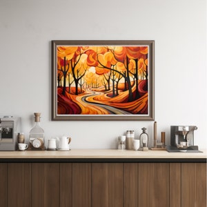 May include: A painting of a winding road through a forest with orange, yellow, and red trees. The road is a light gray color and the trees are stylized with rounded shapes.