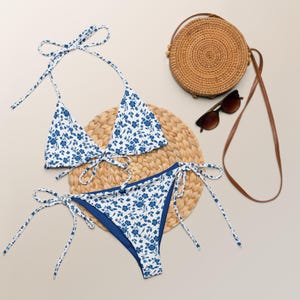 Blue Flowers string bikini, Plus Size Bikini, Women&#39;s Swimsuit, Beach Bathing Suit, Floral Bikini, Triangle Tie Top, Cheeky Bottoms