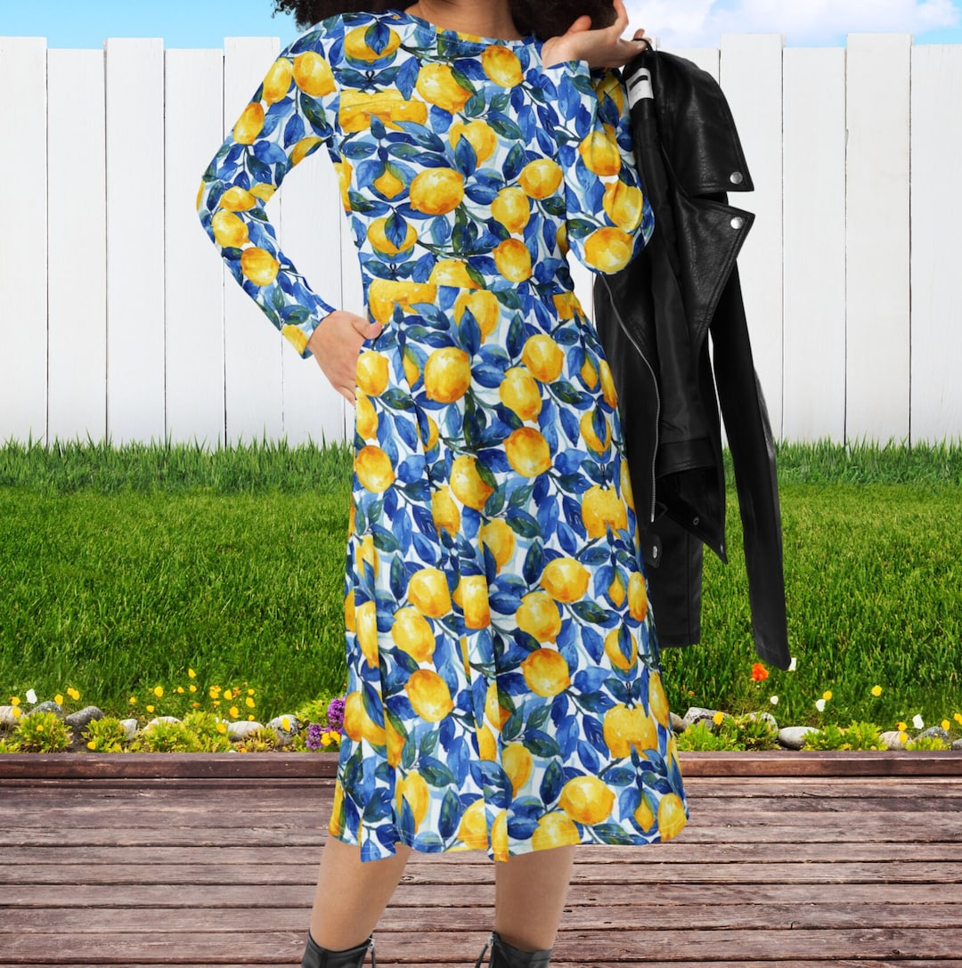 Lemon Print Midi Dress With Pockets - Plus Size Long Sleeve Dress