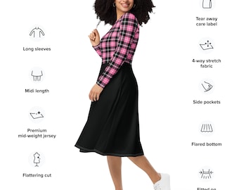 Pink Plaid Midi Dress with Pockets: Long Sleeve Flared Skirt