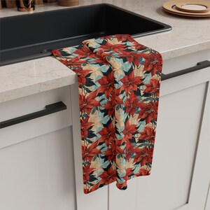 Holiday Poinsettia Soft Tea Towel, Christmas Season. Kitchen Hand towel, Festive Floral Design