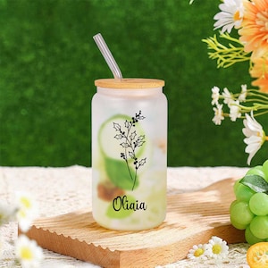 Personalized Name Frosted Can Glass with Birth Flower, Custom Birth Flower Glass with Straw, Personalized Birth Flower Glass