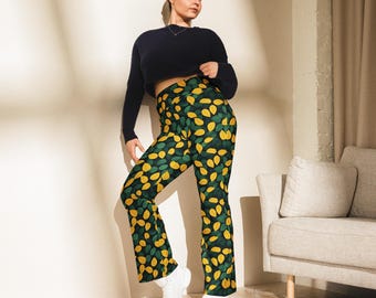Dark Green Yellow Leaves Flare Leggings for Women, Unique Style, Colorful Pants for Her, Plant Mom Gift, Women's Clothing
