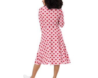 Pink Hearts Long Sleeve Dress with Pockets, Women's Clothing, Plus Size Dresses, Valentines Day Dress, Heart Dress, Modest Dresses for Her