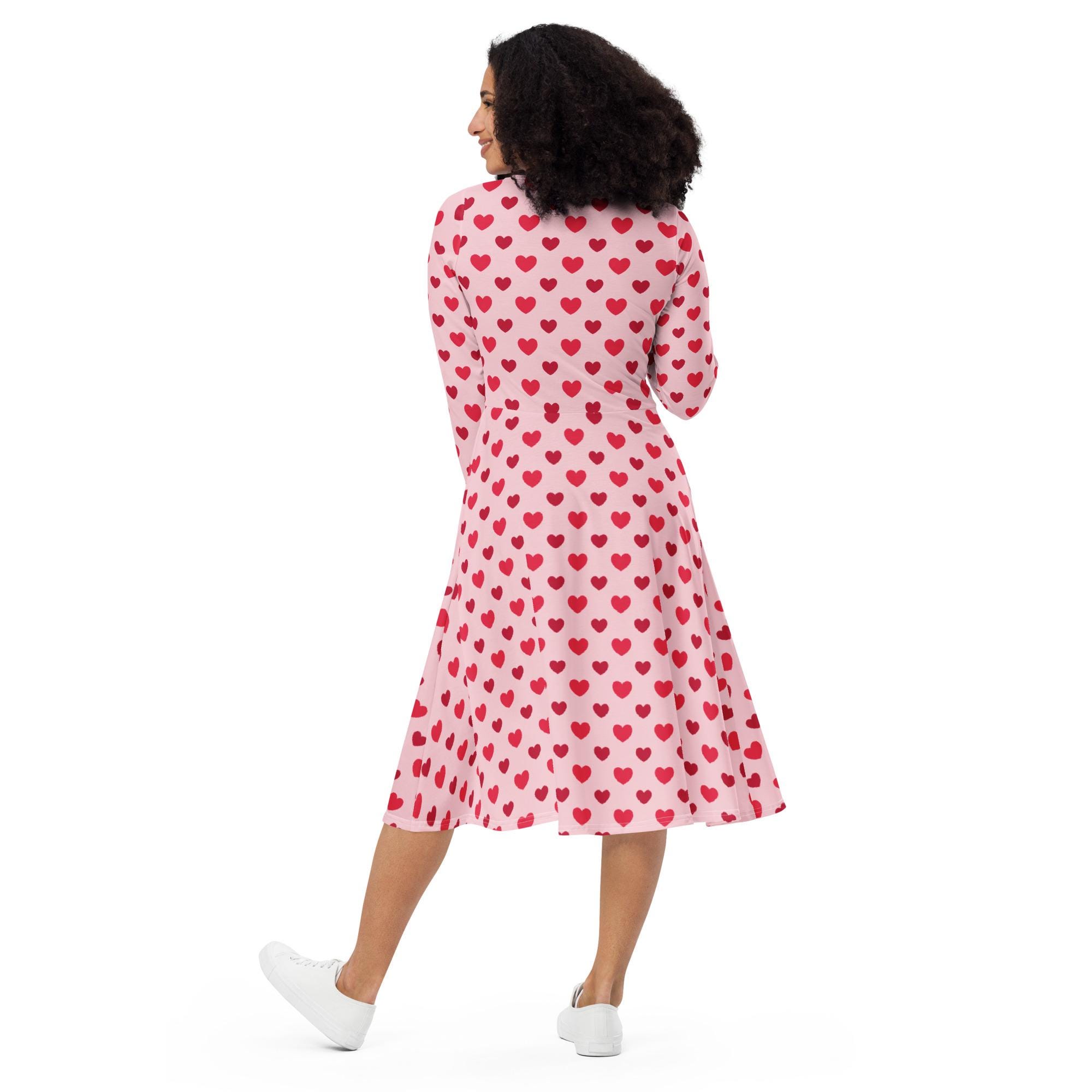 Pink Hearts Long Sleeve Dress with Pockets, Women's Clothing, Plus Size Dresses, Valentines Day Dress, Heart Dress, Modest Dresses for Her