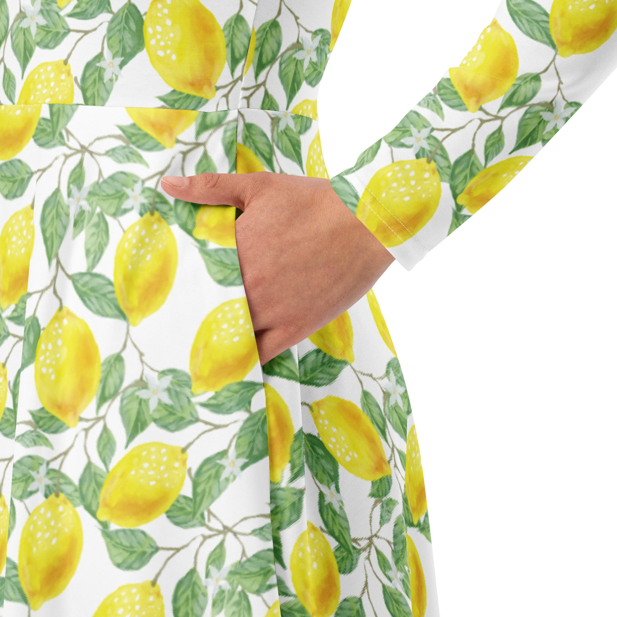 Lemon Print Long Sleeve Midi Dress, Dress with Pockets, Floral Print Dress, Fruit & Flowers Dress, Lemon Dress, Plus Size Dresses for Women Lemon Print Long Sleeve Midi Dress, Dress with Pockets, Floral Print Dress, Fruit & Flowers Dress, Lemon Dress, Plus Size Dresses for Women