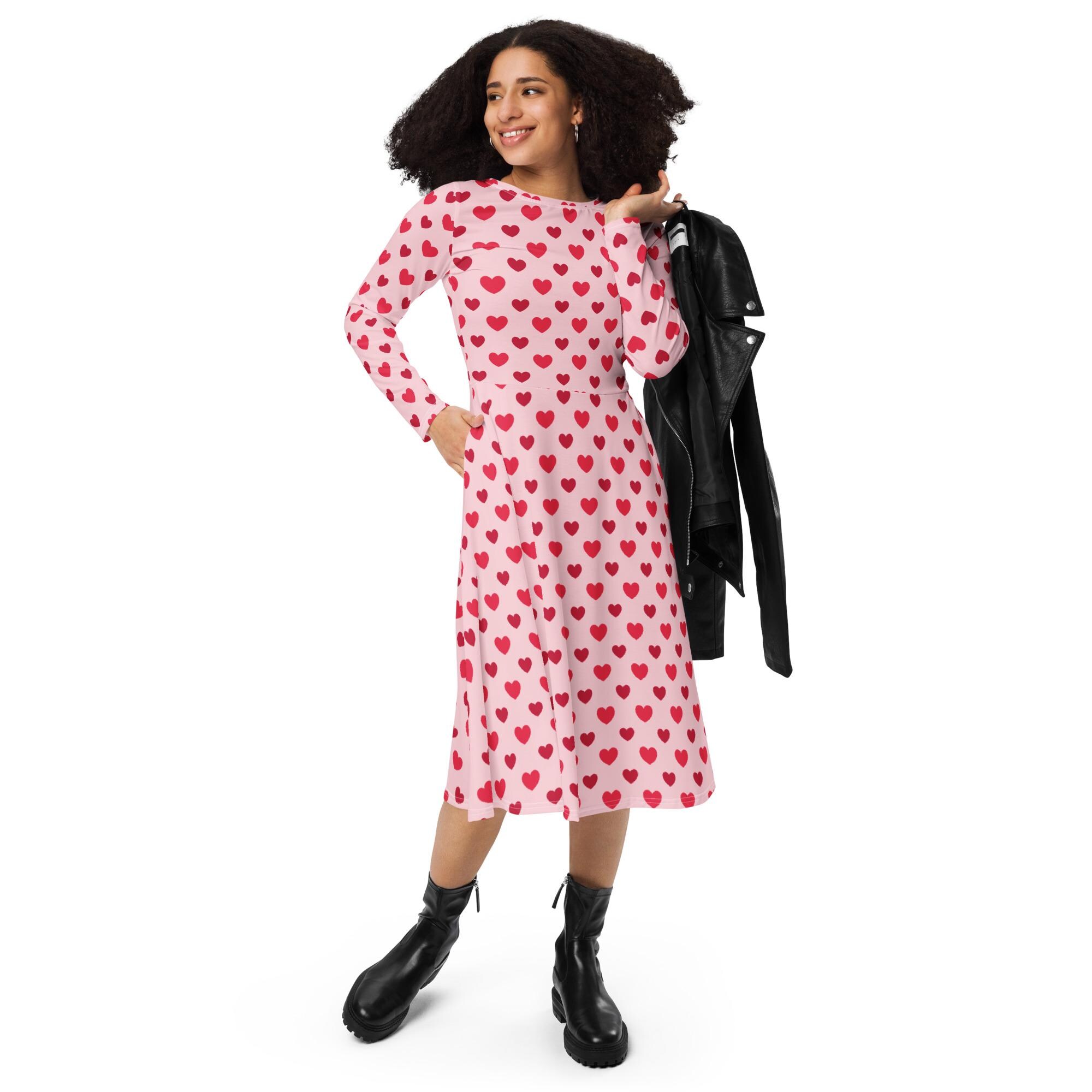 Pink Hearts Long Sleeve Dress With Pockets, Women's Clothing, Plus