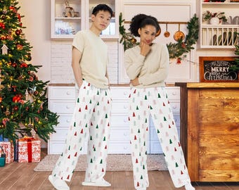 Pantalon de pyjama large sapins, vêtements de détente, pantalons des fêtes de fin d'année, pantalon de pyjama minimaliste de Noël, cadeau pantalon de survêtement confortable